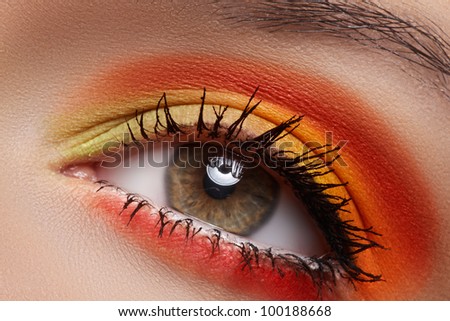 Cosmetics and beauty care. Macro close-up of beautiful green female eye with bright fashion runway make-up. Rainbow eyeshadows and black eyeliner