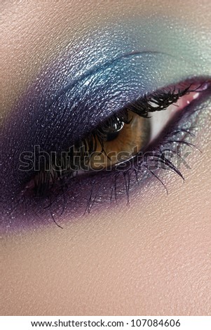 Elegance close-up of beautiful female eye with marine colors eyeshadow. Macro shot of face part