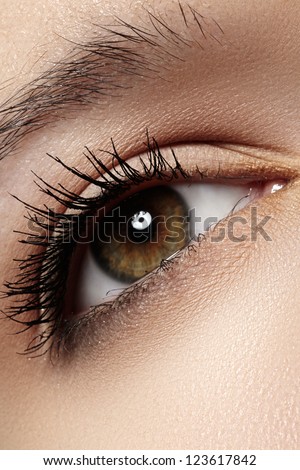 Woman beautiful eye with naturally long eyelashes. Macro shot. Wellness and spa, health and cosmetics. Natural make-up with black mascara on lashes