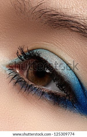 Elegance close-up of beautiful female eye with marine colors eyeshadow. Macro shot of beautiful woman\'s face part with makeup. Cosmetics, beauty and make-up