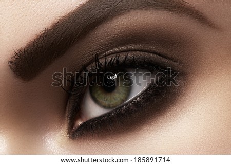 Elegance close-up of female eye with classic dark brown smoky make-up. Macro shot of woman\'s face part. Beauty, cosmetics and makeup.