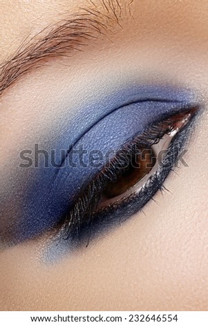 Macro shot of woman\'s beautiful eye, bright and deep colors make-up. Dark blue eyeshadow on eyelid. Sexy view, sensual look. Glamourous chic makeup