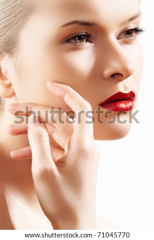 stock photo Portrait of sensual woman model with fashion bright red lips 