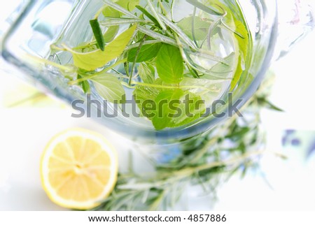 Jug of water with herbs isolated on white