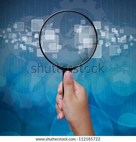 Blank in Magnifying glass screen interface on business background blue color