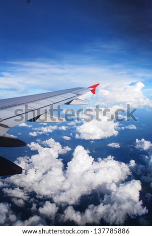 Wing of the plane on sky background
