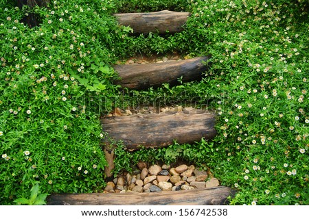 Wood stair way on green garden