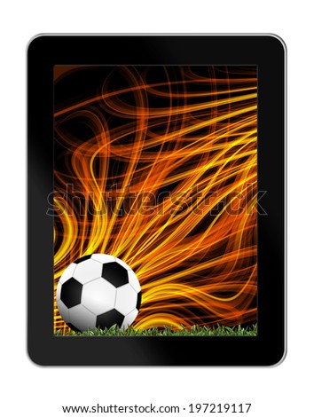 Football in green grass with background in tablet-pc