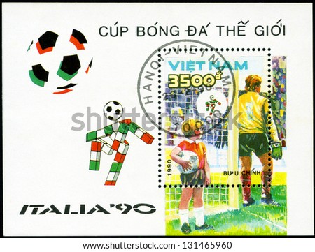 VIETNAM - CIRCA 1990: a stamp printed by Vietnam shows football players. World football cup in Italy, series, circa 1990