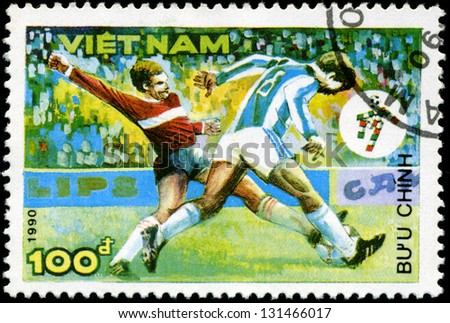 VIETNAM - CIRCA 1990: a stamp printed by Vietnam shows football players. World football cup in Italy, series, circa 1990
