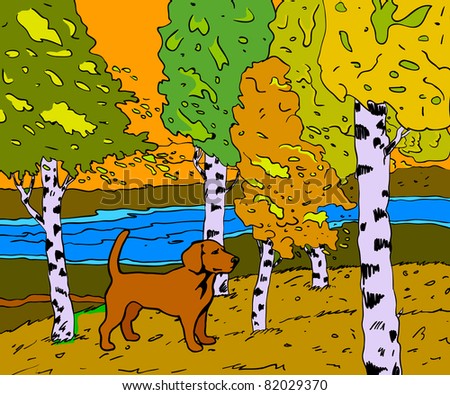 autumn sunny landscape with forest river and dog - vector illustration