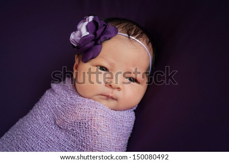 Headshot of an 8 day old newborn baby girl wearing a purple and lavender flower headband. She is wrapped in gauzy lavender fabric, lying on her back and looking off to the side.