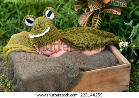 An eight day old newborn baby boy wearing a green alligator costume. He is sleeping in a crate that\'s placed outside in lush foliage.