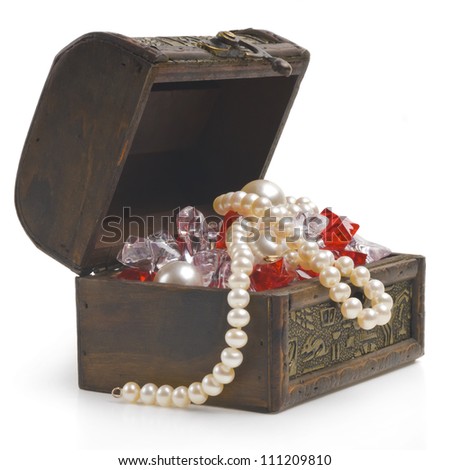 open treasure chest with jewelry isolated on white