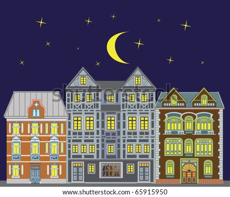 Skyline of three Victorian mansions, its night-time.