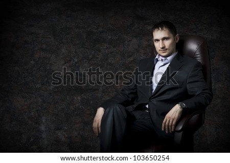 Young adult handsome man sitting in leather armchair