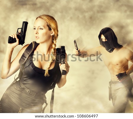 Male Assassin with a knife Attacks Woman Warrior holding two pistols in her hands