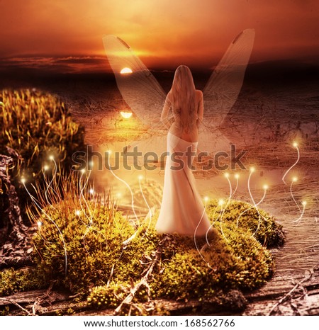 Fantasy magic world. Fairy with transparent wings standing on green island in  lake and watching the sunset