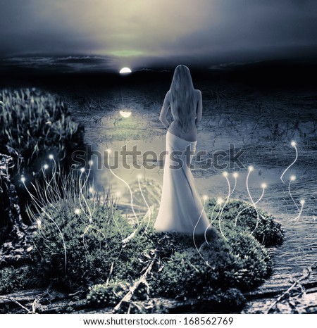 Fantasy magic world. Fairy or mermaid standing on green island in  lake and watching on moon