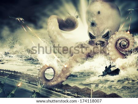 War with a large evil sea monster - octopus alien