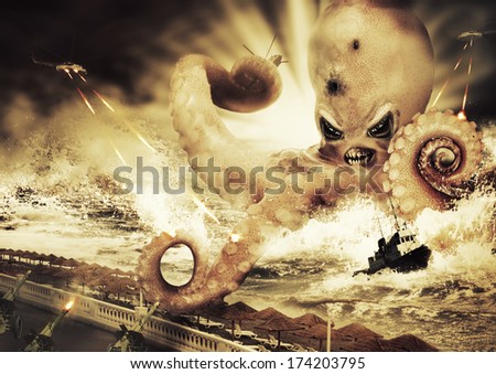 War with a large evil sea monster - octopus alien