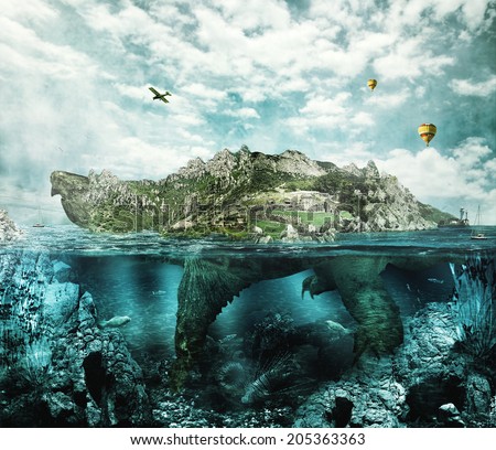 Huge turtle in ocean overgrown forests and mountains to the village and the castle in the shell floats like an island
