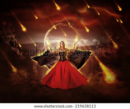 woman fire mage in medieval dress with developing mantle conjured fiery meteor rain