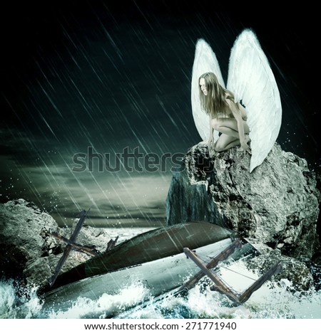 Sad woman angel with white wings sitting on a rock in the sea about broken boat