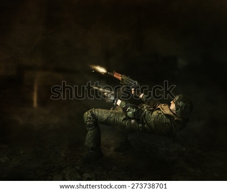 Military man warrior evades from a shot and shoots from two hands from the gun and the machine gun