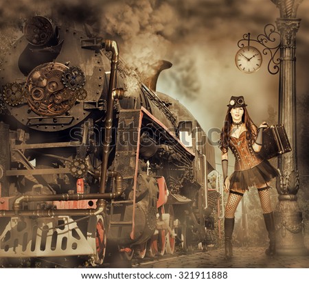 Steampunk and retro-futurism style. Woman traveler holding suitcase on platform of Railway Station. Near old train and clouds of smoke