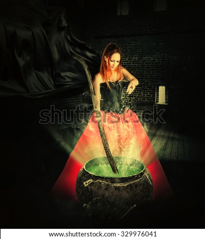 halloween witch brewing a magic potion in an ancient pot and pours it sparkles