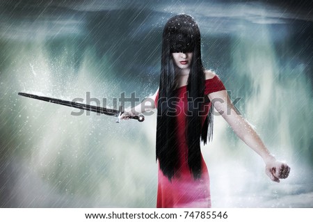 Fashion fantasy portrait of young pretty brunette woman fighter with sword in mist