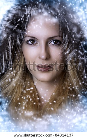 christmas winter woman. Beauty glamour portrait of sexy model face at fashion hood from fox fur closeup