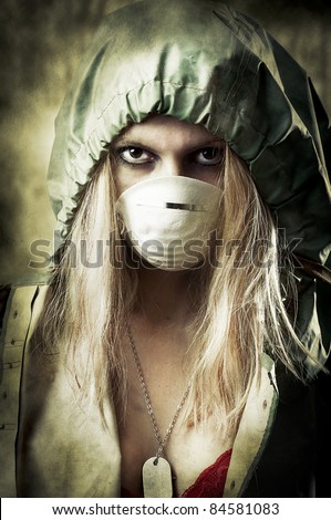 Post apocalypses world halloween concept. Portrait of young Sad woman in breathing mask