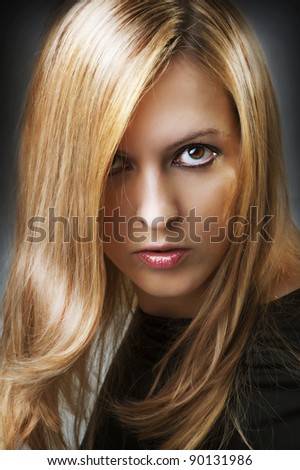 Fashion portrait of young sexy female model face of glamour blonde woman with perfect long straight hair and beauty hairstyle
