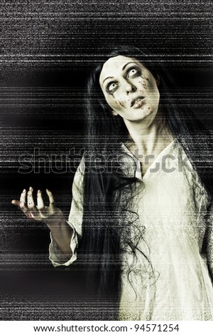 Portrait of a gory bloody and scary zombie woman on black background with television white grain (tv noise) stylization
