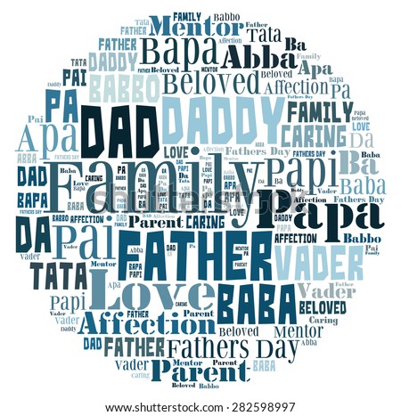 Word Cloud for Father\'s day that includes the word father in different languages in letters in a shape that represents the world.
