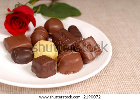 Variety of light and dark chocolates with a red rose on a white plate