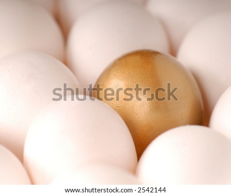 A bright golden egg surround by white eggs
