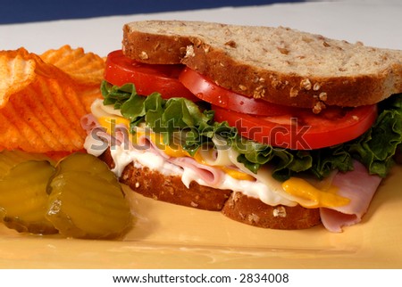 A ham, cheese, lettuce and tomato sandwich with pickles and chips