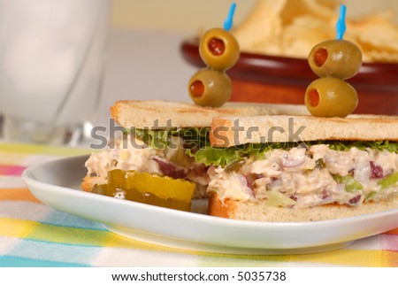 A tuna fish sandwich on toast with chips and drink