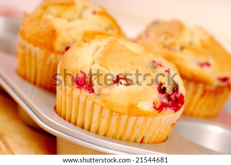 Freshly baked cranberry muffins resting in a muffin pan