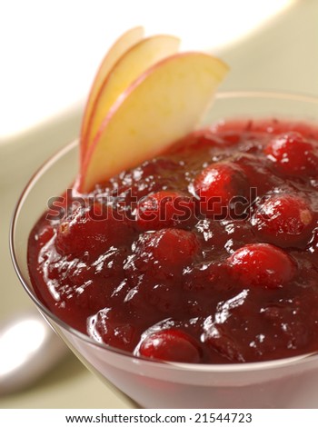 Fresh homemade cranberry sauce with apple slices in a martini glass