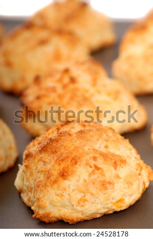 Freshly baked cheddar cheese biscuits cooling on a sheet pan