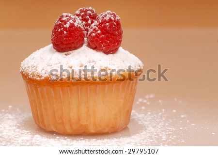 Freshly baked vanilla cupcake with raspberries and powdered sugar