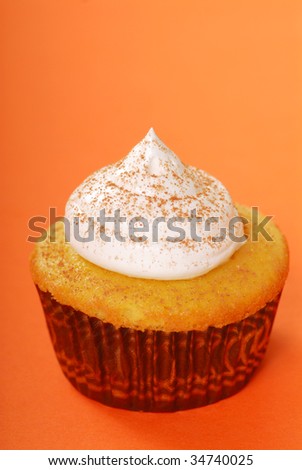 Yellow cupcake with vanilla frosting and sprinkled with cocoa powder