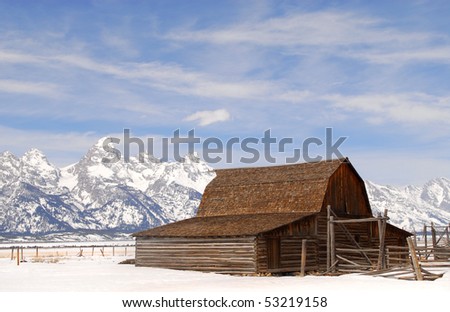 Winter view of the Moulton Barn in the Teton National Park