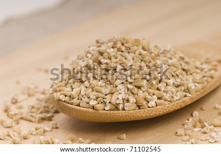 Fresh steel cut oats on a wooden spoon