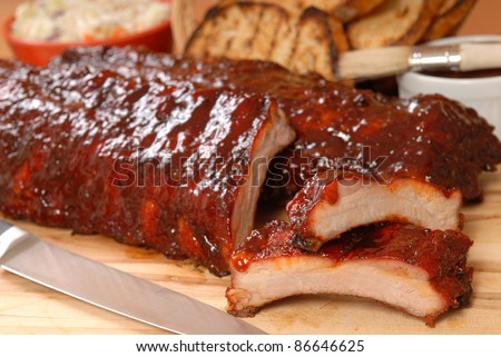 Delicious BBQ ribs with toasted bread, cole slaw and a tangy BBQ sauce
