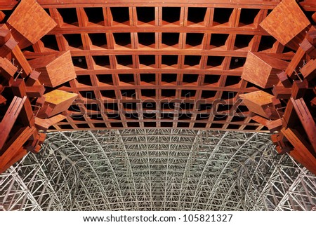 Wood Gate and Metal Structure of a Train Station, Japan